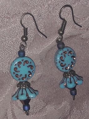 Turquoise Bead Drop Earrings with Antiqued Accents
